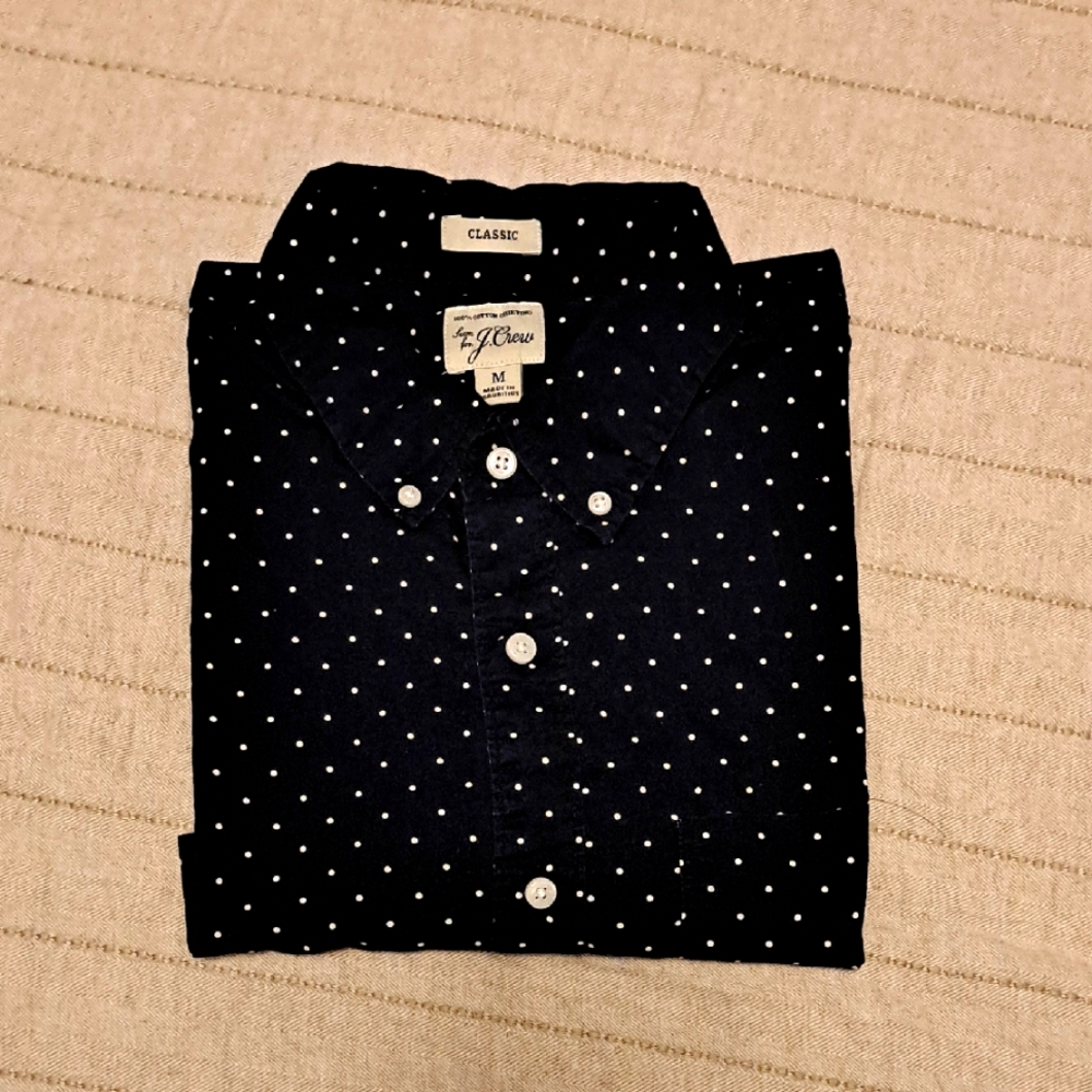 J. Crew Blue and White Polka Dot Short Sleeve Shirt